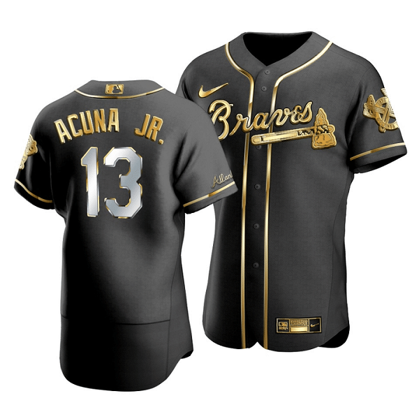Men's Atlanta Braves #13 Ronald Acuña Jr Black Golden Flex Base Stitched Jersey Men's Atlanta Braves #13 Ronald Acuña Jr Black Golden Flex Base Stitched Jersey